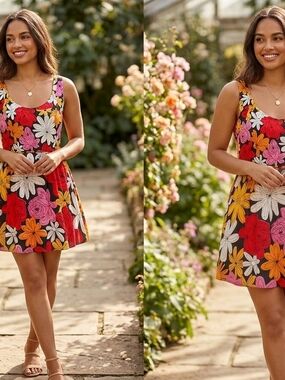 Floral Scoop-Neck Sundress - Black with Red, Pink & Yellow Flowers